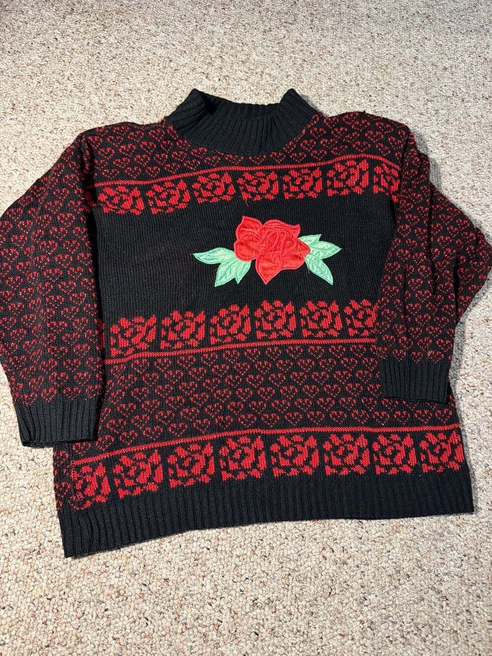 Vintage Adele Knitwear Black Red Heart Rose‎ Applique Mock Neck Sweater Size L
